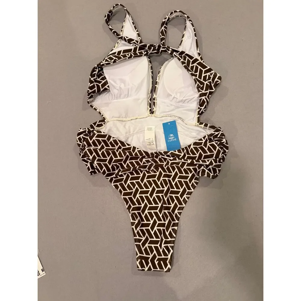 CUPSHE Brown White Geometric Plunge One Piece Swimsuit NWT Large